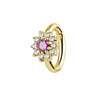 1,6mm CoCr NF Bauchnabel Clicker Gold Blume Kristall klar pink PVD