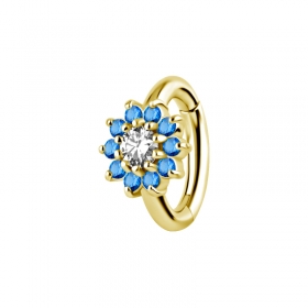 1,6mm CoCr NF Bauchnabel Clicker Gold Blume Kristall klar blau PVD
