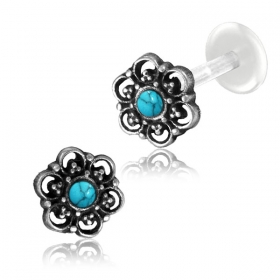 1,2mm Labret Push In PTFE 925er Silber Blume Turquoise