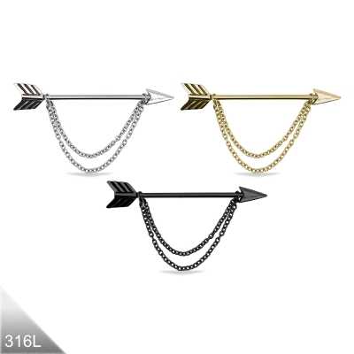 Industrial Piercing Pfeil mit Doppelkette – Silber, Schwarz oder Gold
