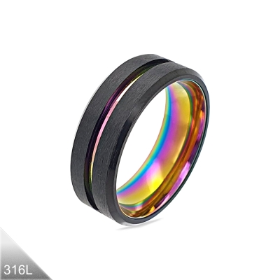 8mm Ring Bandring schwarz gebürstet Regenbogen Inlay poliert