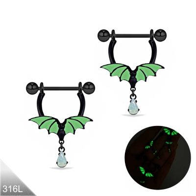 1 Paar Nippelpiercing Fledermaus schwarz grün UV Aktiv Gothik