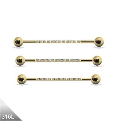 Industrial Piercing Gold mit 12 Kristallen – 1,6mm Barbell in 32mm, 34mm oder 36mm