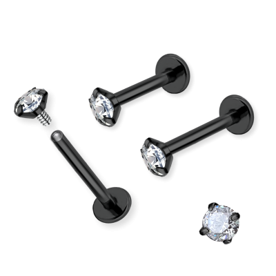 1,2mm Labret Innengewinde Kristall rund klar gefasst – Schwarz