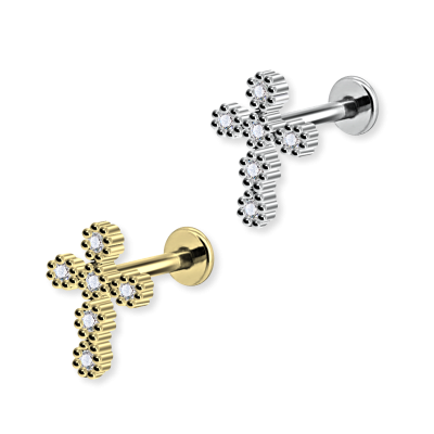 1,2mm Labret Kreuzi Cross Innengewinde Kreuz 6 Kristalle