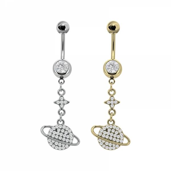 Bauchnabelpiercing mit Kristall-Stern & Planet mit Ring – Silber oder Gold