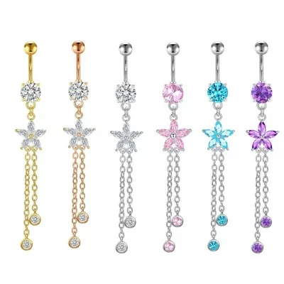 Bauchnabelpiercing Blume mit Doppelkette – 1,6 mm, 10 mm Stablänge, viele Farben