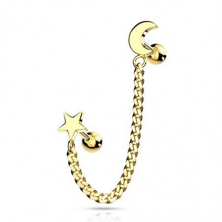 Ohrschmuck Helix mit Kette verbunden Mond Stern gold