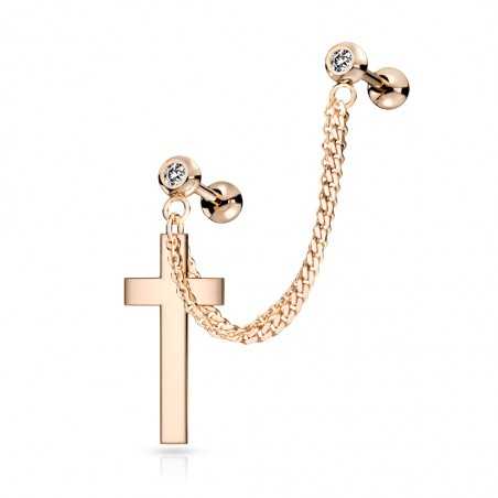 Ohrschmuck Helix mit Doppelkette verbunden Kreuz rosegold