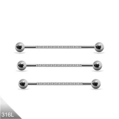 Industrial Piercing Silber mit 12 Kristallen – 1,6mm Barbell in 32mm, 34mm oder 36mm