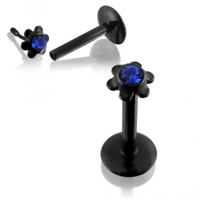 1,2mm Labret Push In Blume schwarz Kristall blau PVD